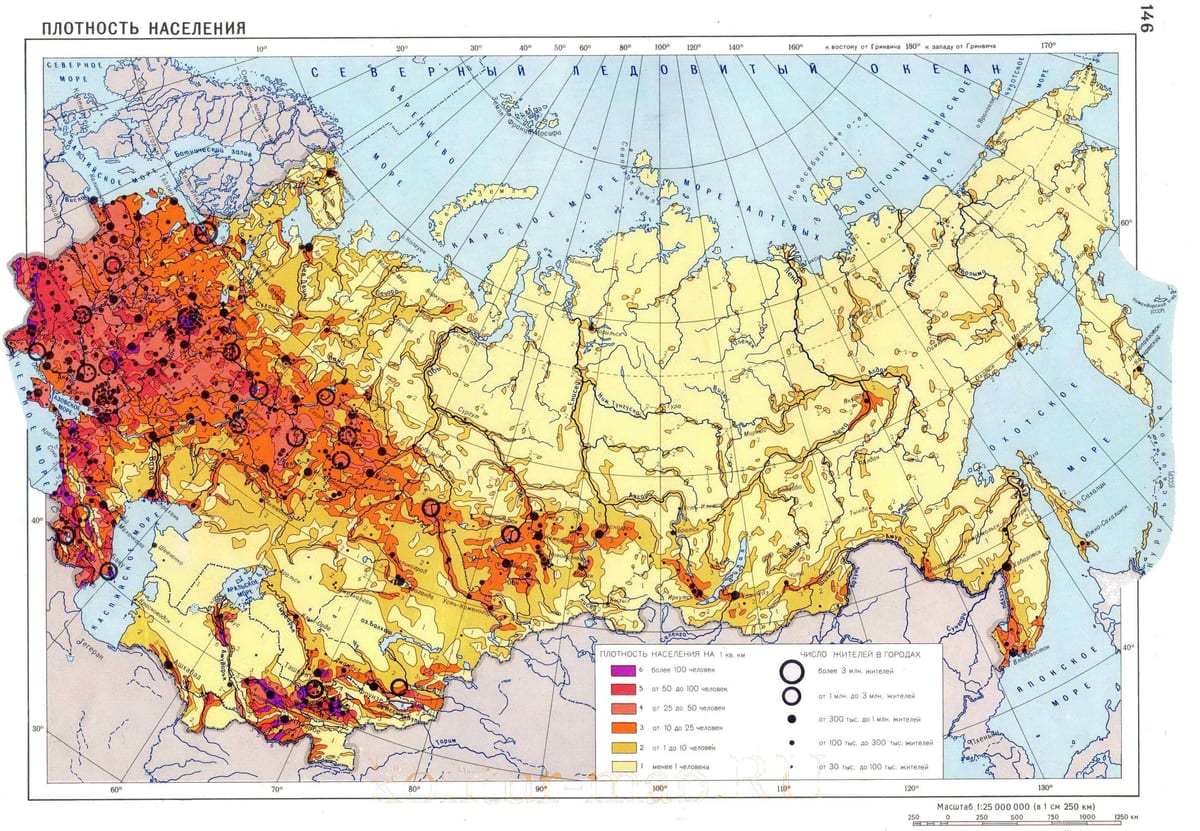 Rusko mapa hustoty obyvatelstva