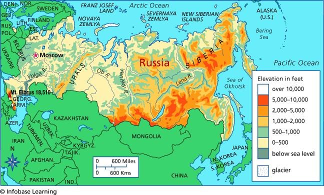výšková mapa Ruska