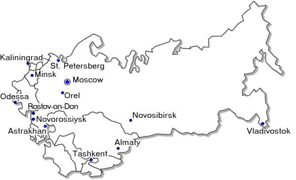 mapa Ruska s větších městech